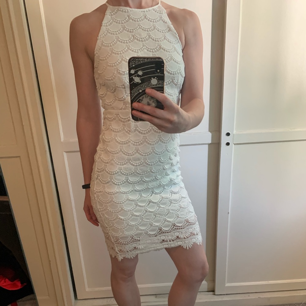 Aqua white lace sheath halter mini dress